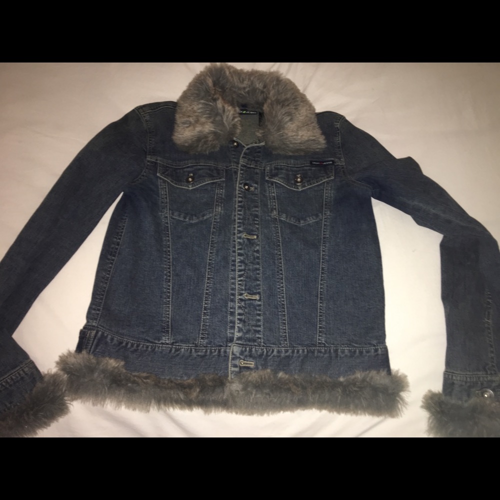 DKNY jean jacket with faux fur trim